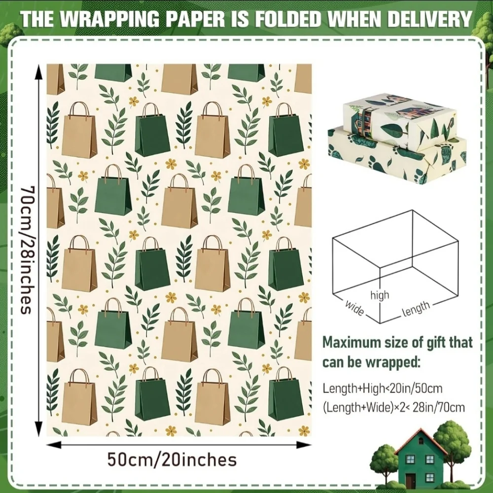 🍎Nwt 12 Sheets Green Living Wrapping Paper Set Footprints Shopping Bags House